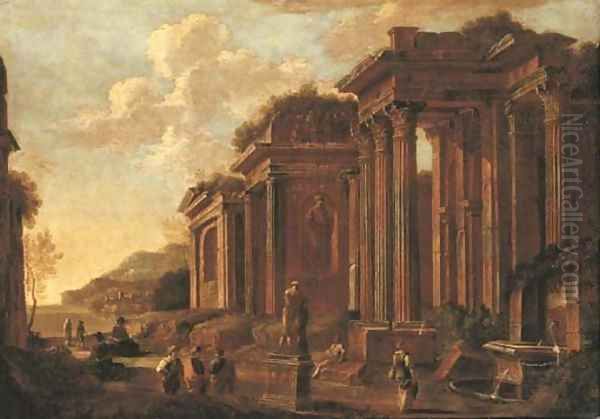 An architectural capriccio with figures by a statue and a fountain - view 1