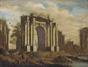 A capriccio of classical ruins with soldiers and other figures in the foreground by Giovanni Ghisolfi