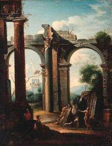 Grave diggers amongst classical ruins by Giovanni Ghisolfi