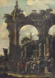 An architectural 'capriccio' with ancient ruins and two figures discussing a bass relief by Giovanni Ghisolfi