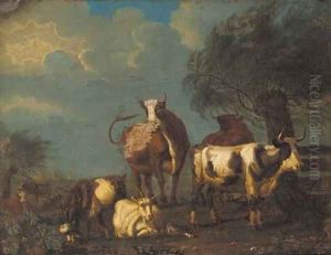 Cattle and goats in a pastoral lanscape, a village beyond by Jan van Gool
