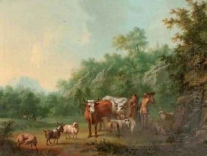 Peasants with cattle, goats and sheep resting near a waterfall in a wooded landscape by Jan van Gool