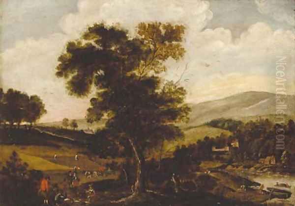 Peasants harvesting in a summer landscape - view 1