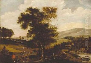 Peasants harvesting in a summer landscape by Abel Grimmer