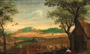 A harvest landscape with peasants toiling in a field, a farmstead beyond by Abel Grimmer