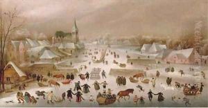 A winter landscape with skaters on a frozen river by a town