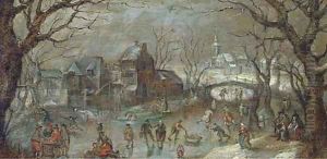 A winter townscape with skaters on a frozen lake by Abel Grimmer