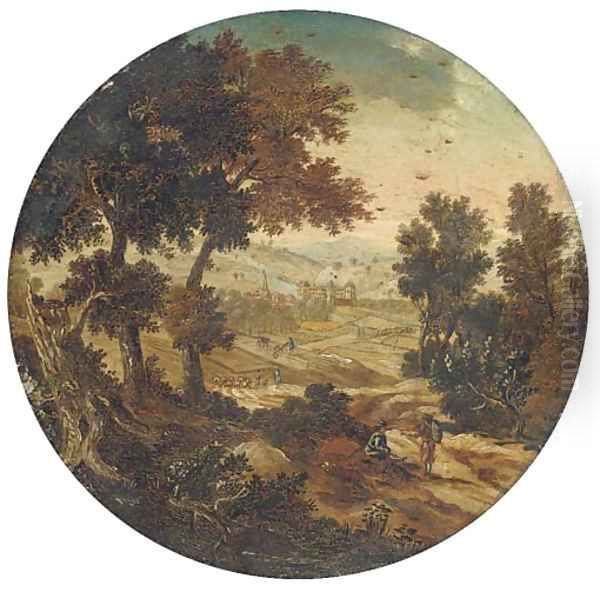 A landscape with travellers at rest on a wooded track - view 1