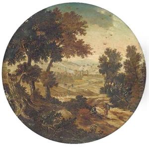A landscape with travellers at rest on a wooded track by Abel Grimmer
