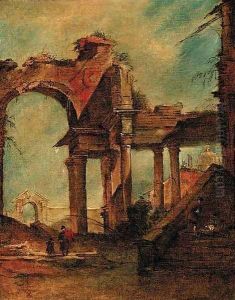 A capriccio of a ruined arch and colonnade, a dome beyond by Giacomo Guardi