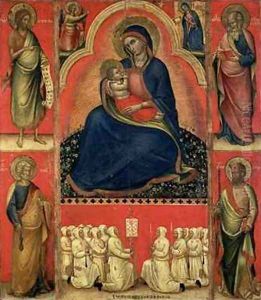 Madonna dellUmilta with saints and members of the Scuola di San Giovanni Evangelista by Bologna Giovanni da