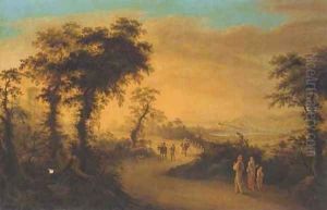 Travellers on a Tuscan road, Elba in the distance by Giuseppe Gherardi