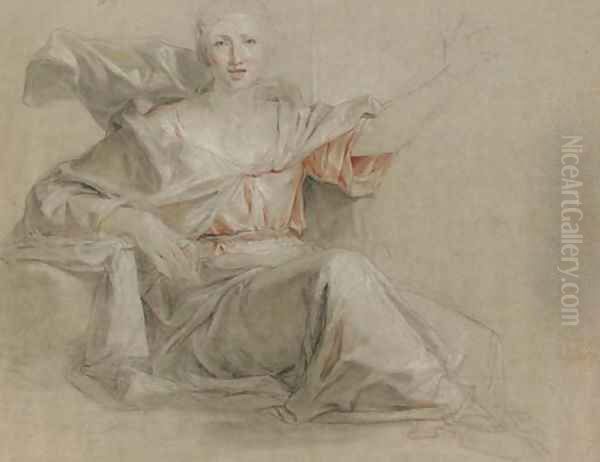 A seated woman, her left arm raised - view 1