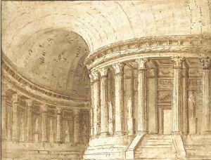 The interior of a circular classical temple Design for a stage set, possibly for La Fenice, Venice by Pietro Gonzaga