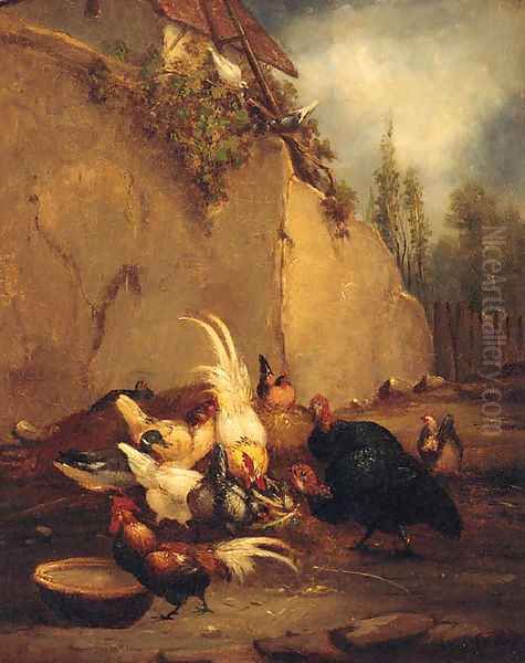 Chickens and Turkeys in a Farmyard - view 1