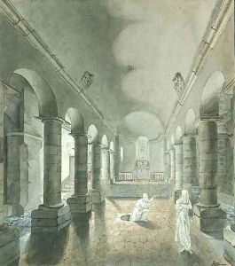 Two Ghosts appearing from a Tomb in the Crypt of a Romanesque Church