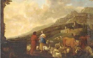 A shepherd and shepherdess with cattle, sheep and goats in a landscape, a village beyond