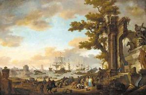 A Mediterranean coastal inlet with merchants by classical ruins