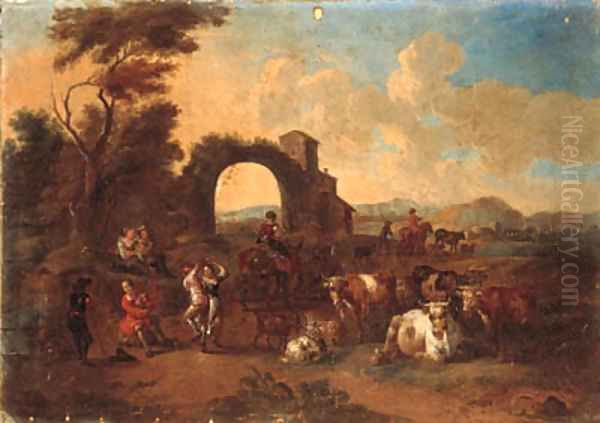 An Italianate landscape with drovers and cattle and peasants dancing - view 1
