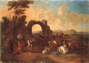 An Italianate landscape with drovers and cattle and peasants dancing