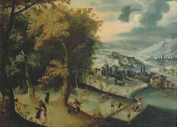 A mountainous river landscape with travelling pilgrims, towns beyond - view 1