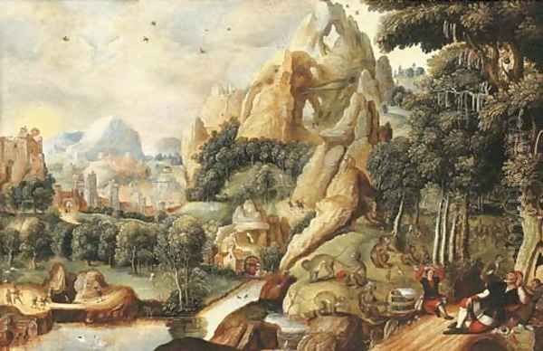 A landscape with monkeys and humans and a mythical city beyond - view 1