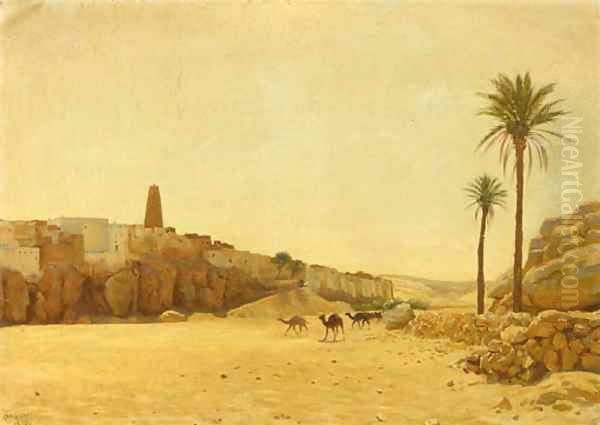Camels before a North-African dessert village - view 1