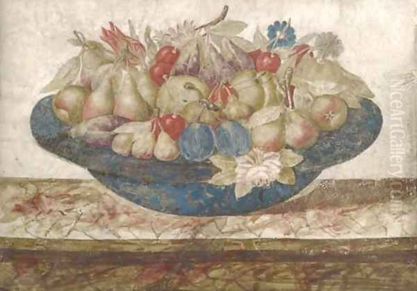 A dish of pears, plums, cherries and figs with a spray of flowers - view 1