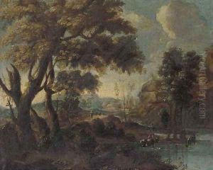 A mountainous river landscape with a herdsman watering his cattle by Giovanni Francesco Grimaldi