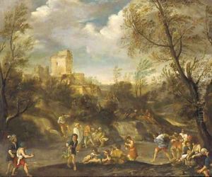 A wooded landscape with figures making merry by Giovanni Francesco Grimaldi