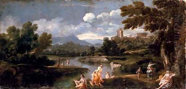 Figures bathing in an extensive river landscape - view 1
