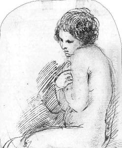A seated female nude, her hands clasped across her chest by Giovanni Francesco Barbieri