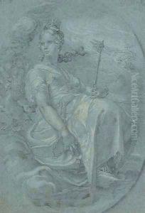 Juno seated among clouds attended by a peacock, on an inscribed oval by Hendrick Goltzius