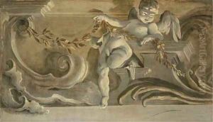 A cornice with a putti holding an olive branch; en grisaille by Jacopo Guarana
