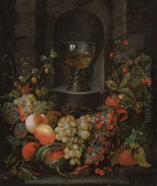A roemer in a niche surrounded by a garland of grapes, apples, strawberries and other fruit - view 1