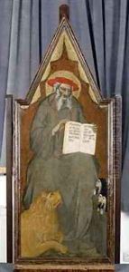 St Jerome with lion and three praying nuns by Biondo dal Casentino Giovanni del