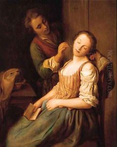 A young man teasing a sleeping woman by Ottilie Hornig Von Geyer