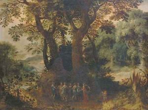 A wooded landscape with dancing nymphs by Abraham Govaerts