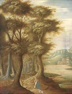 A wooded landscape with a woman and a dog on a track by Abraham Govaerts
