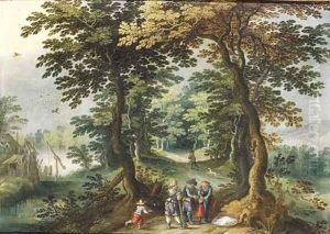 Bandits holding up a traveller on a path in a wood