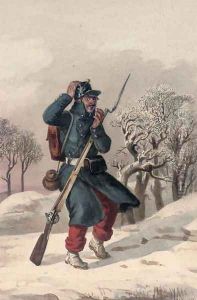 A cold wind Study of a soldier of the Napoleonic era by Jules Adolphe Goupil