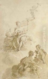 Flora seated among clouds, attended by putti by Nicolas Guibal