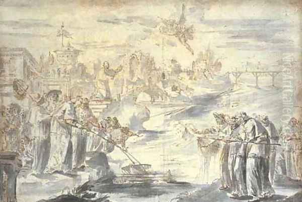 A satire on the election of a pope Groups of Spanish and French cardinals on either side of a river fishing for the papal tiara, with an angel bringi - view 1