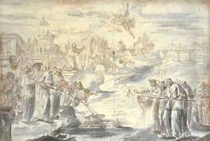 A satire on the election of a pope Groups of Spanish and French cardinals on either side of a river fishing for the papal tiara, with an angel bringi by Pier Leone Ghezzi