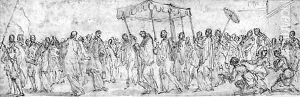 A prelate in procession with the Blessed Sacrament - view 1