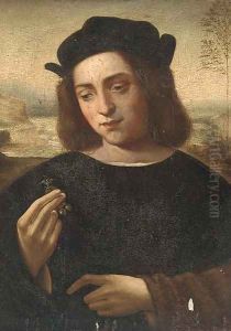 Portrait of a man, half-length, holding a piece of jewellery, a landscape beyond
