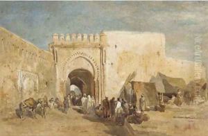 Figures before a souk by Edward Alfred Angelo Goodall