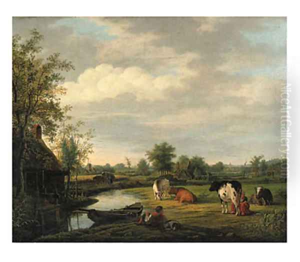 Peasants and cattle by a cottage in a river landscape - view 1