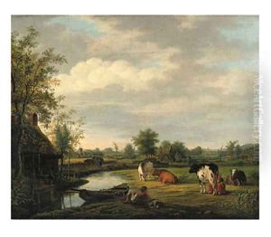 Peasants and cattle by a cottage in a river landscape by Pieter De Goeje
