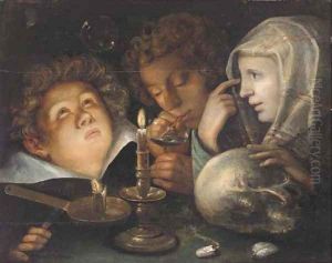 A vanitas allegory Homo Bulla Est, a boy blowing bubbles while another watches and a young woman holds a skull by candlelight by Jacob de II Gheyn